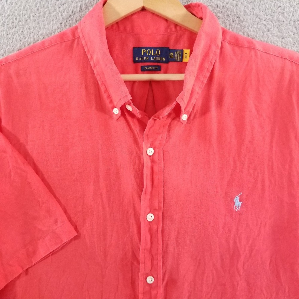 Polo Ralph Lauren Shirt Mens XXL Red Classic Fit Linen Short Sleeve Button Down